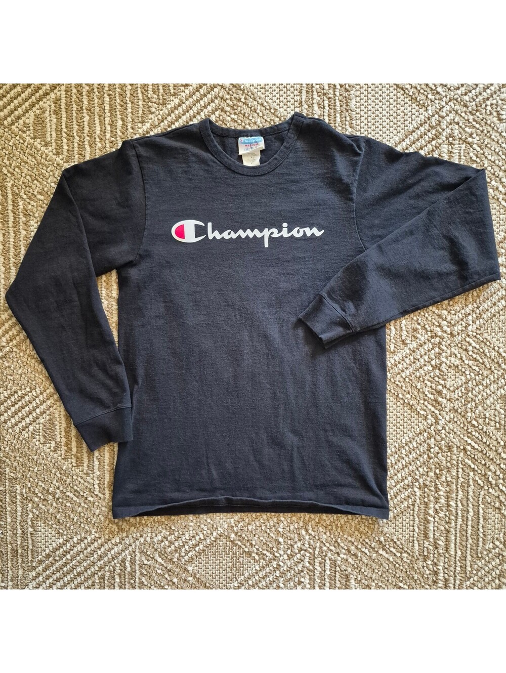 Vintage 90s/Y2K Faded Black Champion Long Sleeve Spellout Tee M